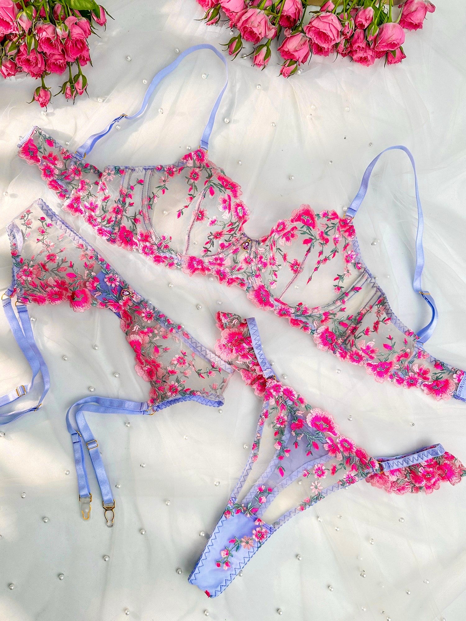 Fantasy Pink Bloom Embroidery Lingerie Set - Concordia Style Boutique