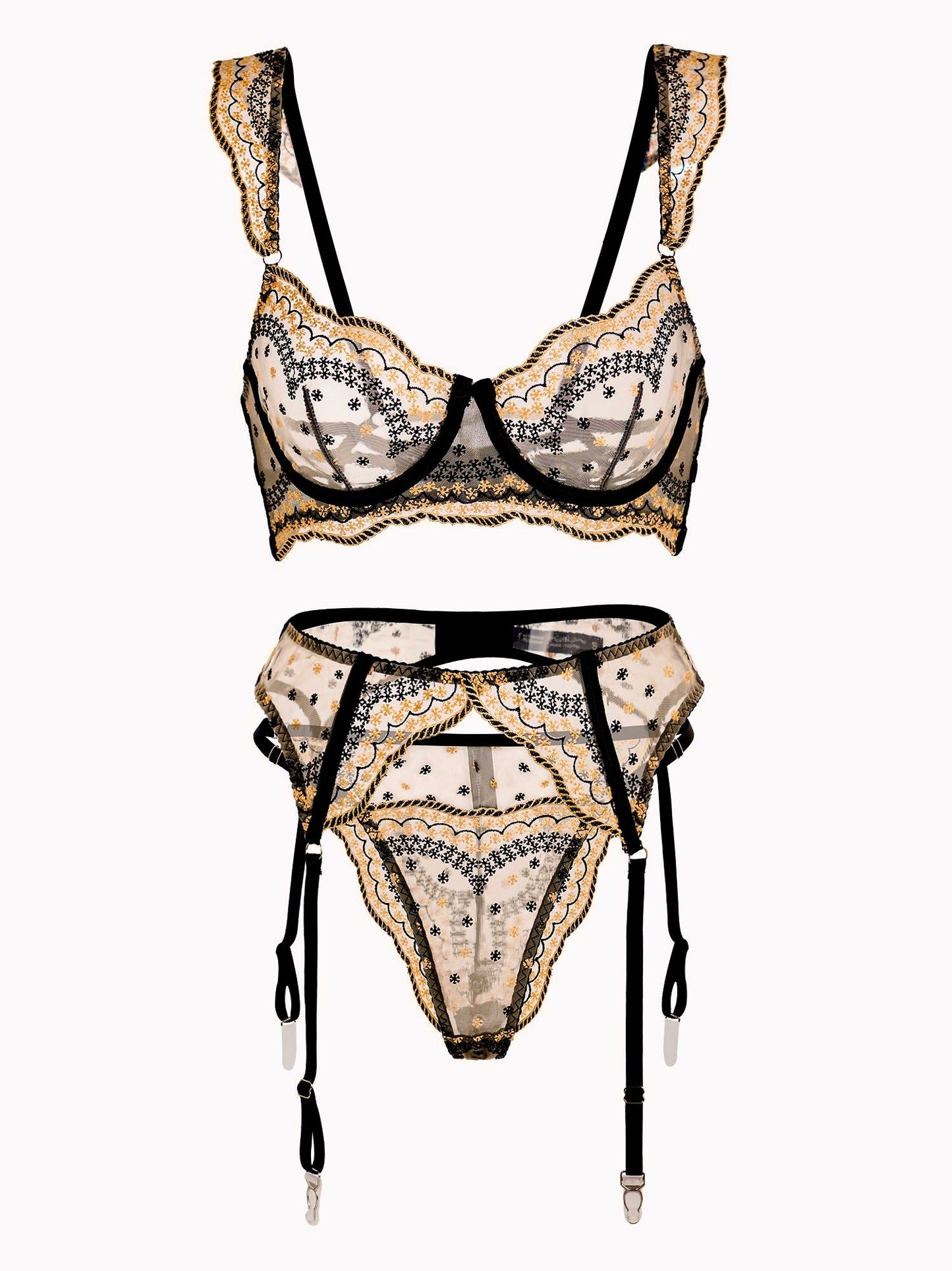 Black&Gold Luxury Lace Embroidered Lingerie Set - Concordia Style Boutique