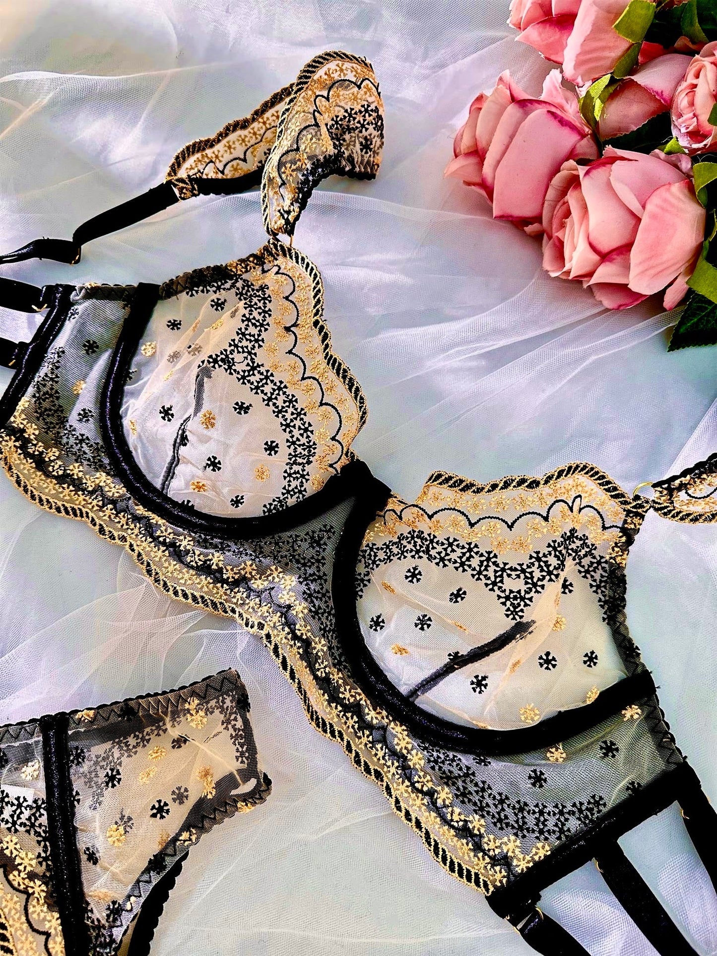 Black&Gold Luxury Lace Embroidered Lingerie Set - Concordia Style Boutique