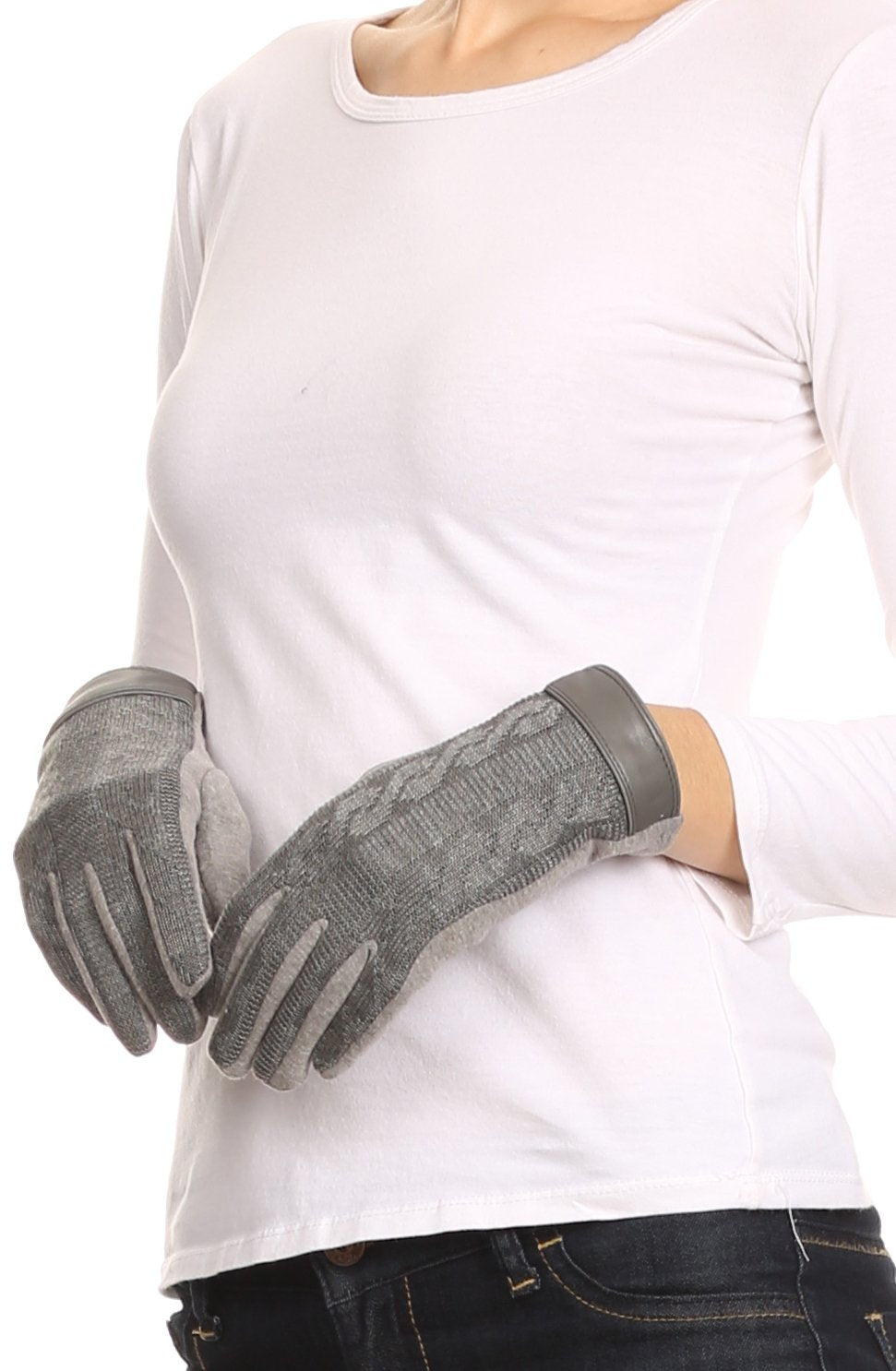Sakkas Rayanne Soft Classic Knit Faux Leather Wrist Band Touch Screen Warm Gloves - Concordia Style Boutique