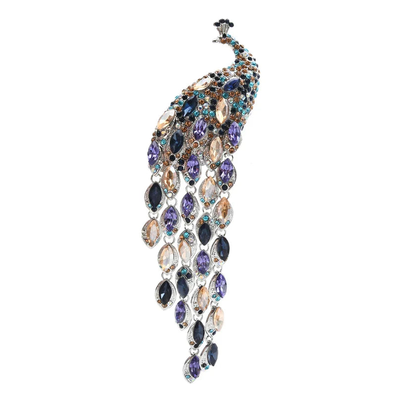 Wuli&baby Luxury Peacock Rhinestone Tassel Brooch Pin Gift