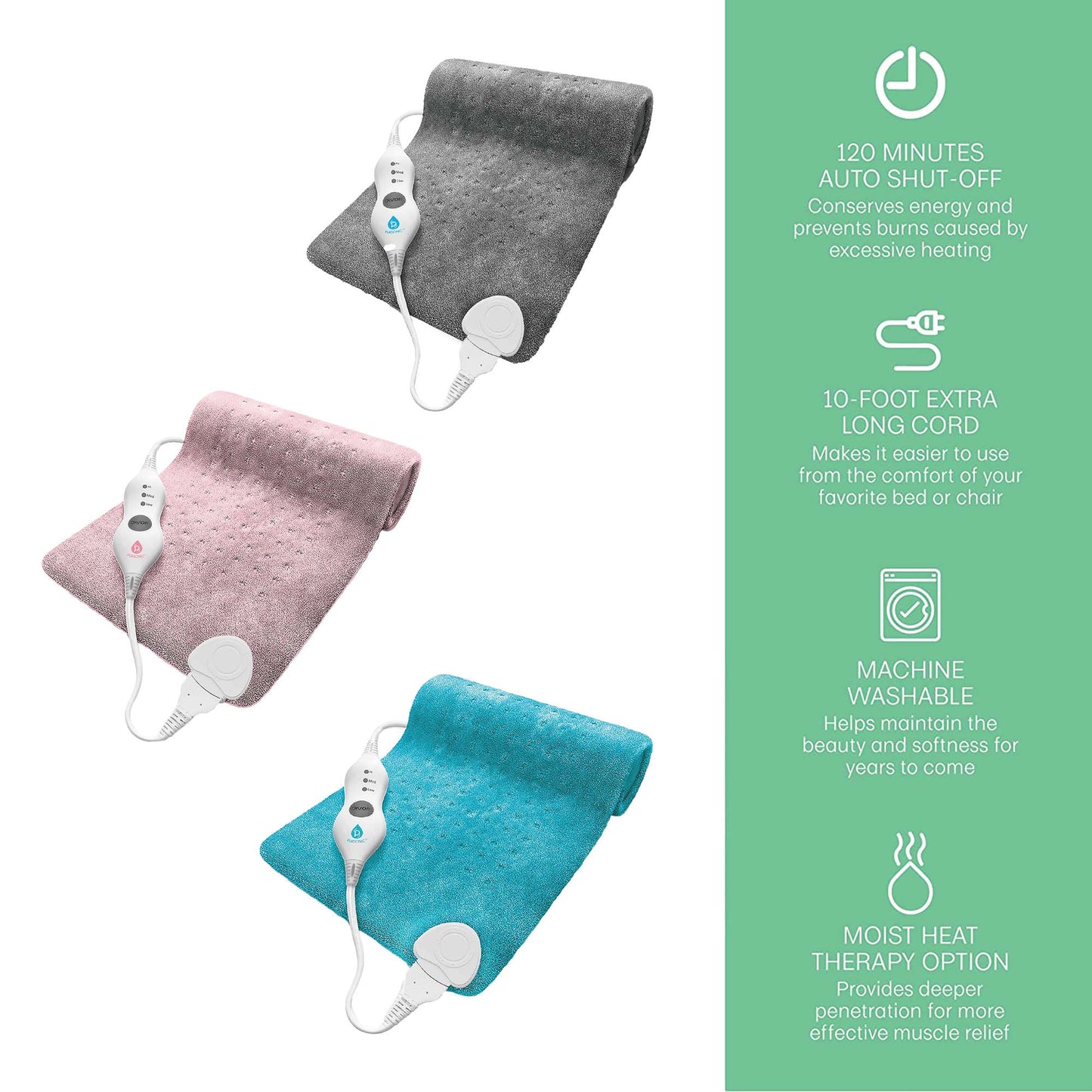 Pursonic Comfort Trio Heating Pad Set – Teal, Pink & Gray - Concordia Style Boutique
