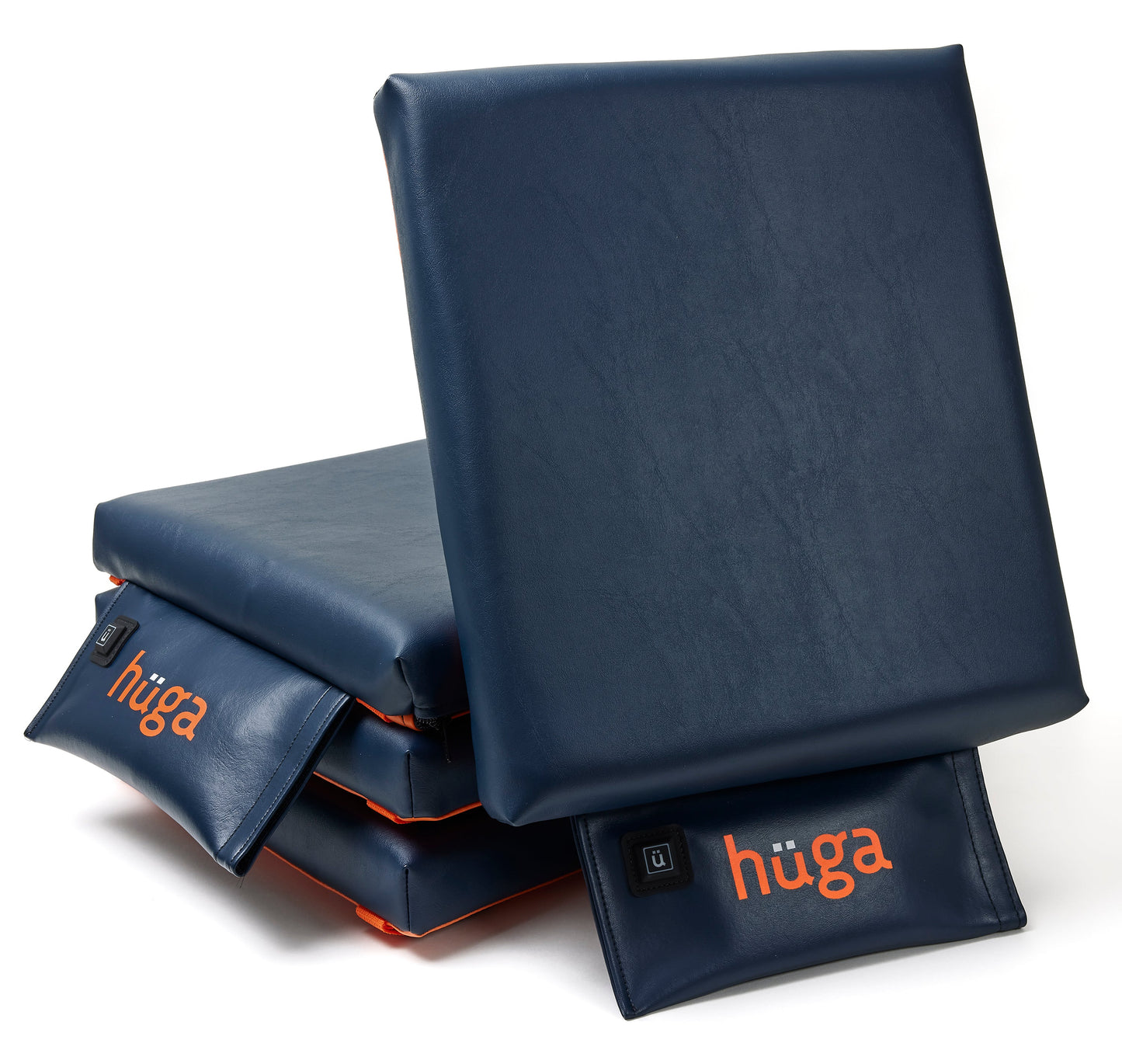 Marine Navy Vinyl / Orange Logo - US-made Hüga heated cushions are the longest-lasting, highest quality, most durable heated cushions you can buy!