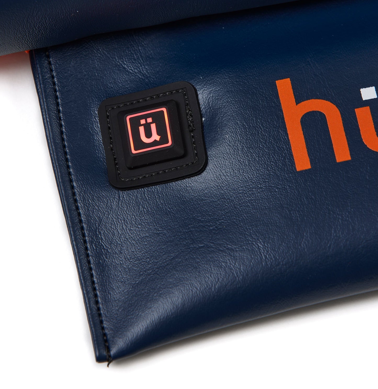 Marine Navy Vinyl / Orange Logo - US-made Hüga heated cushions are the longest-lasting, highest quality, most durable heated cushions you can buy!