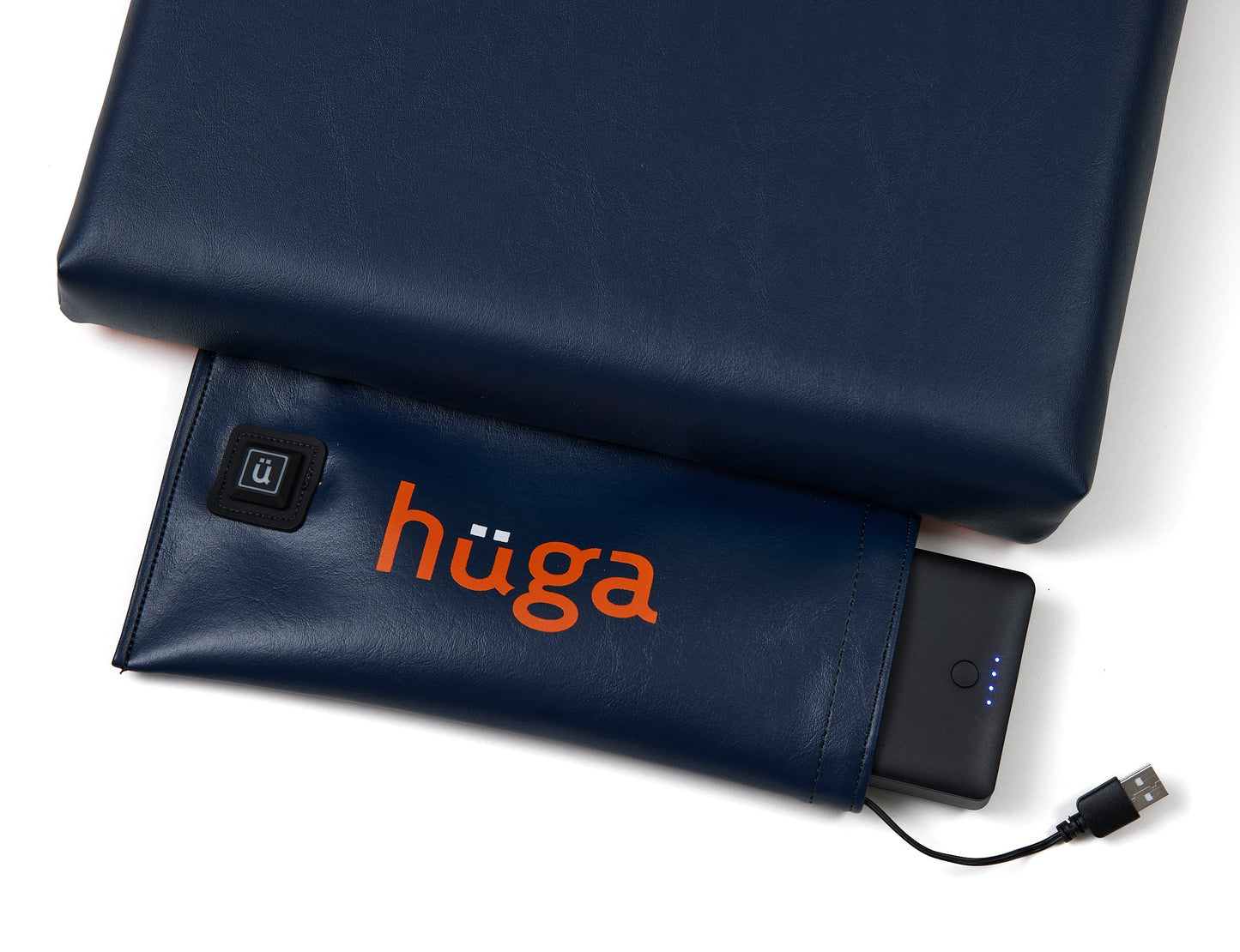 Marine Navy Vinyl / Orange Logo - US-made Hüga heated cushions are the longest-lasting, highest quality, most durable heated cushions you can buy!
