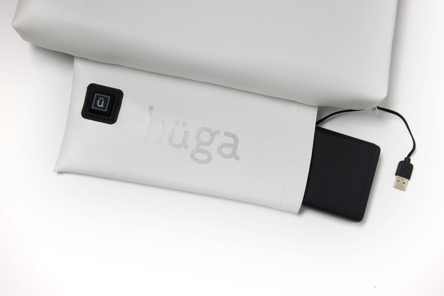 White Wedding Vinyl / Sparkle Grey Logo - US-made Hüga heated cushions are the longest-lasting, highest quality, most durable heated cushions you can buy!