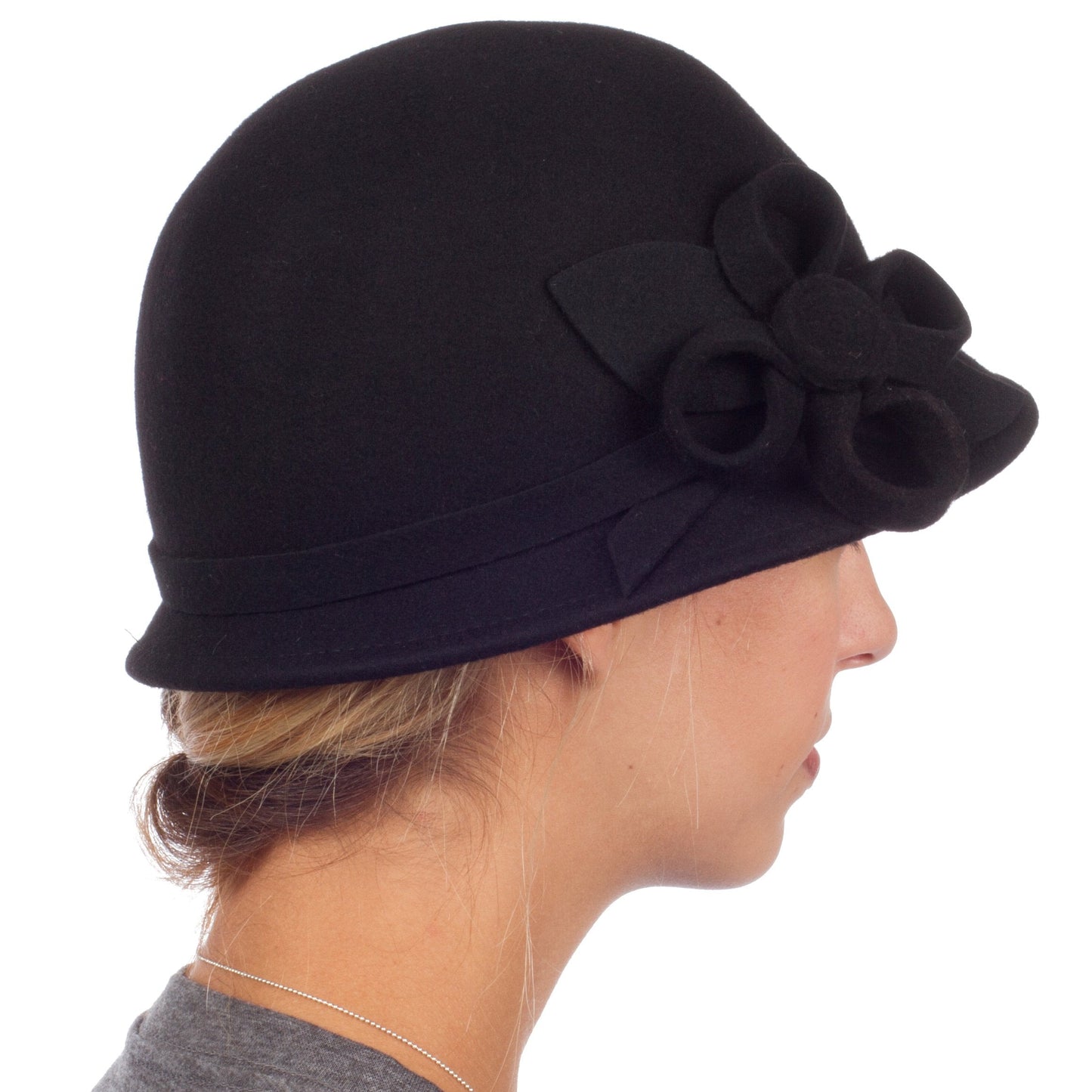 Womens Bernadette Vintage Style 100% Wool Cloche Bucket Winter Hat with Flower Accent - Concordia Style Boutique
