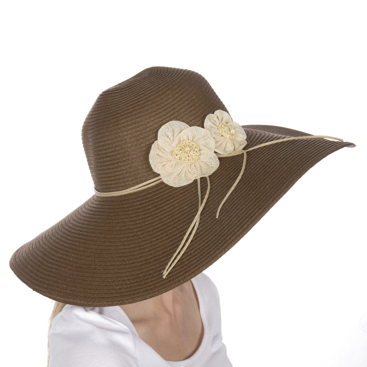 Sakkas Bella UPF 50+ 100% Paper Straw Flower Accent Wide Brim Floppy Hat - Concordia Style Boutique