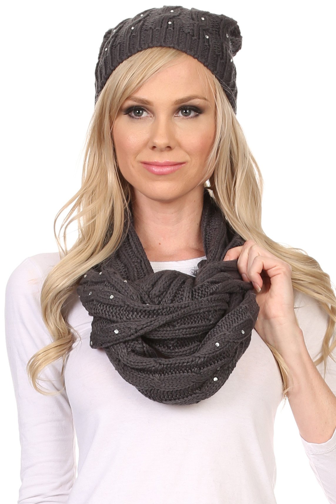 Sakkas Kae Jewel Studded Cable Knit Beanie Hat And Scarf Set - Concordia Style Boutique