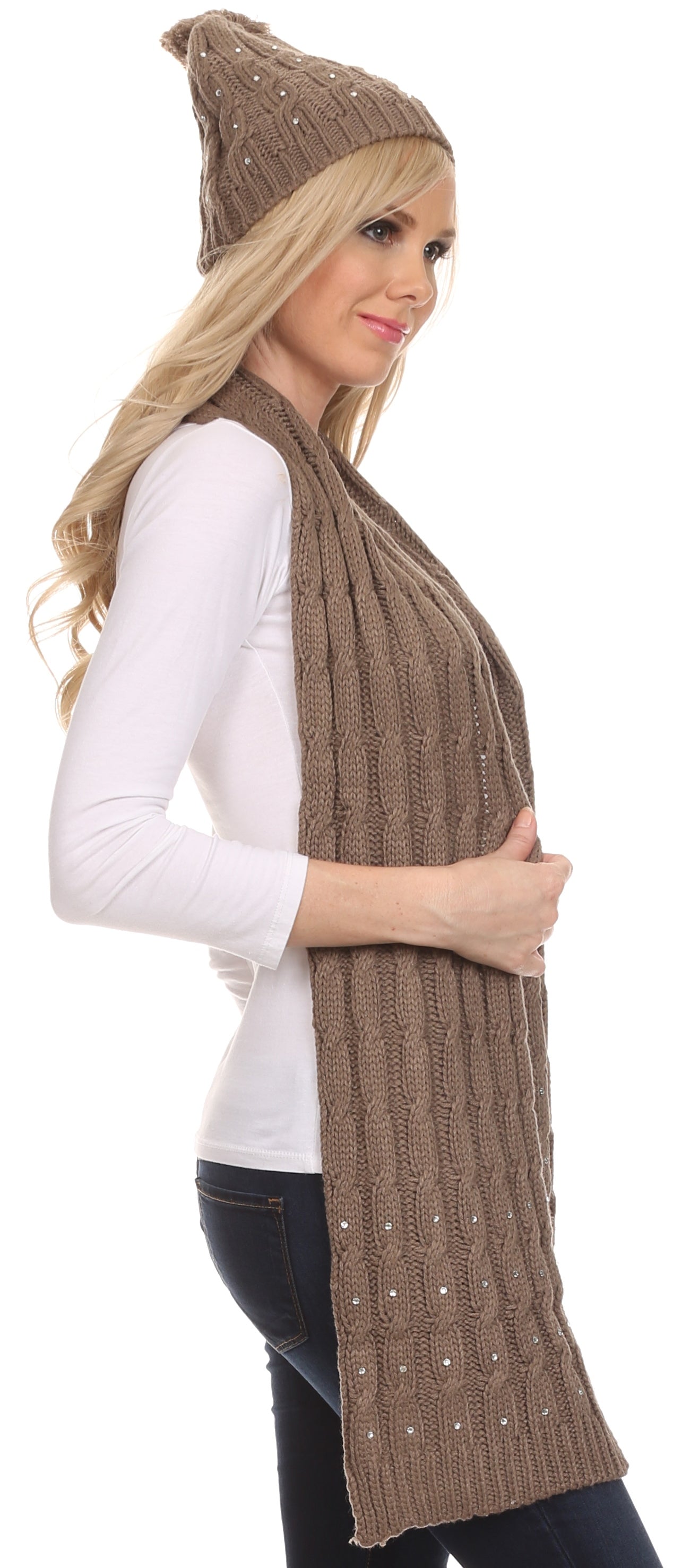Sakkas Kae Jewel Studded Cable Knit Beanie Hat And Scarf Set - Concordia Style Boutique