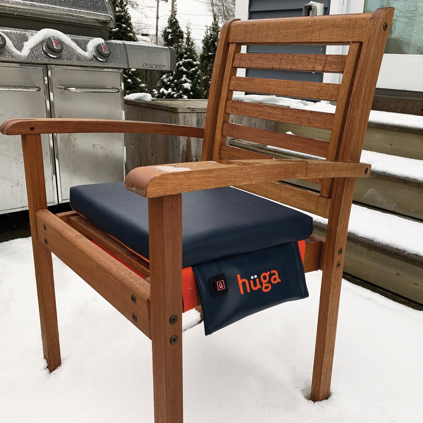 Marine Navy Vinyl / Orange Logo - US-made Hüga heated cushions are the longest-lasting, highest quality, most durable heated cushions you can buy!