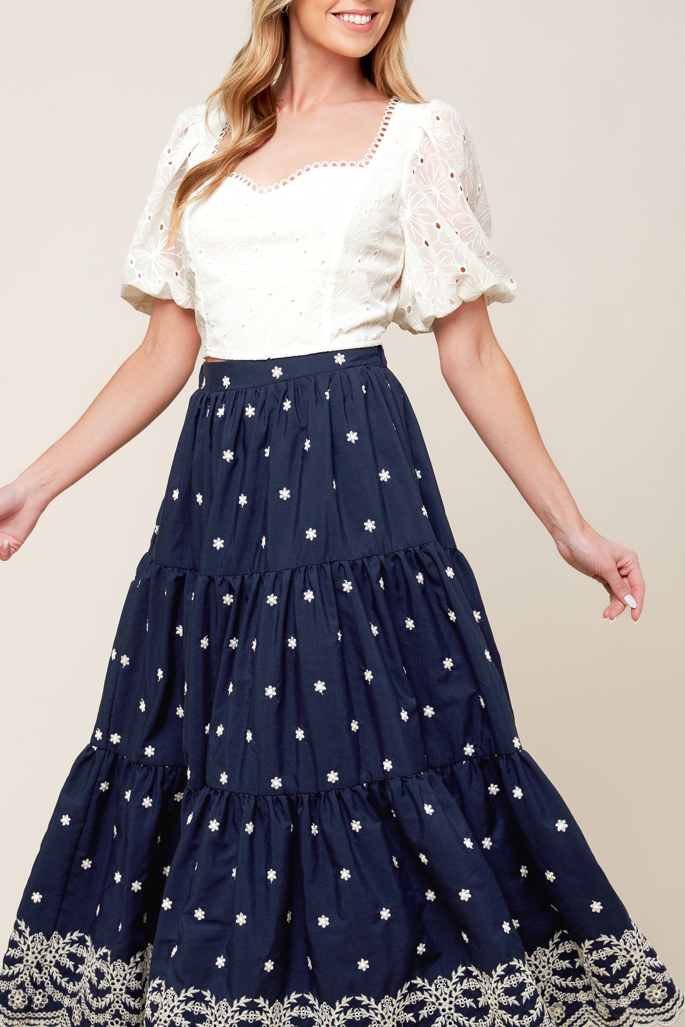BEBE ALERT NAVY WOVEN MIDI SKIRT - Concordia Style Boutique