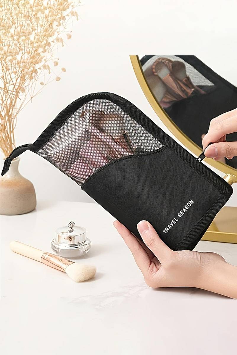 Travel Season Print Zipped Mesh Splicing Cosmetic Bag - Concordia Style Boutique