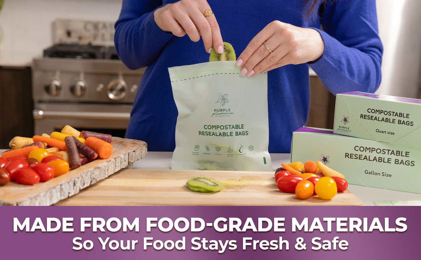 Compostable Resealable Bags. Eco-Friendly & Durable. Snack, Sandwich, Quart & Gallon Sizes