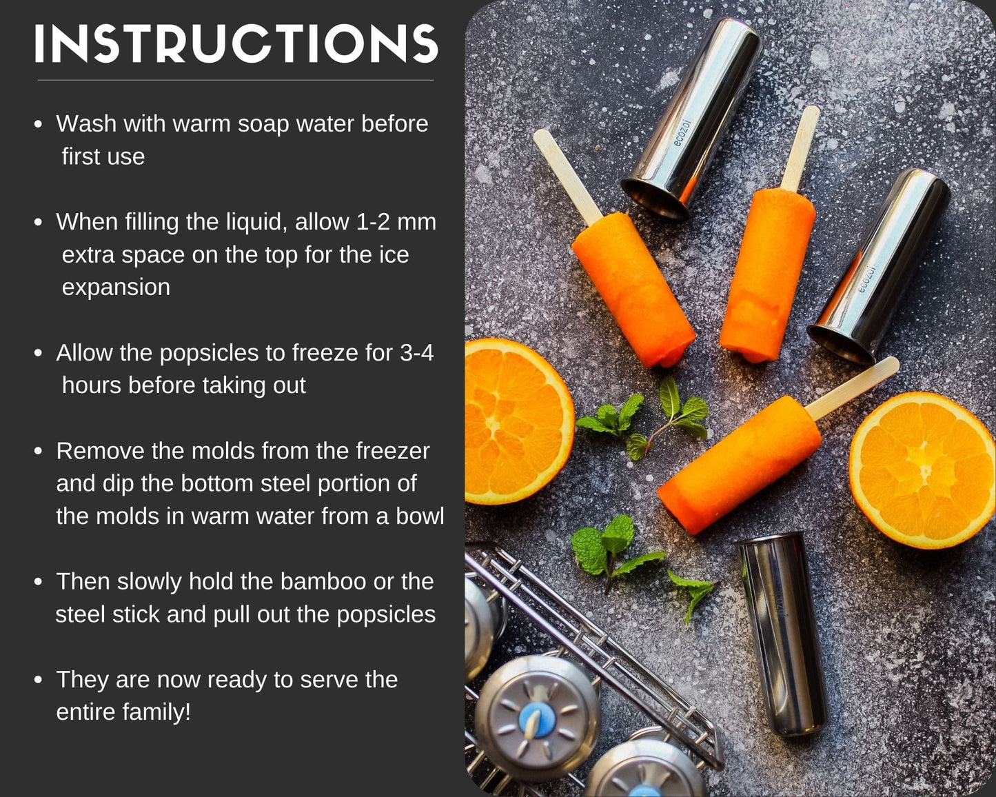 Stainless Steel Popsicle Molds, Round with Reusable Bamboo Sticks - Concordia Style Boutique