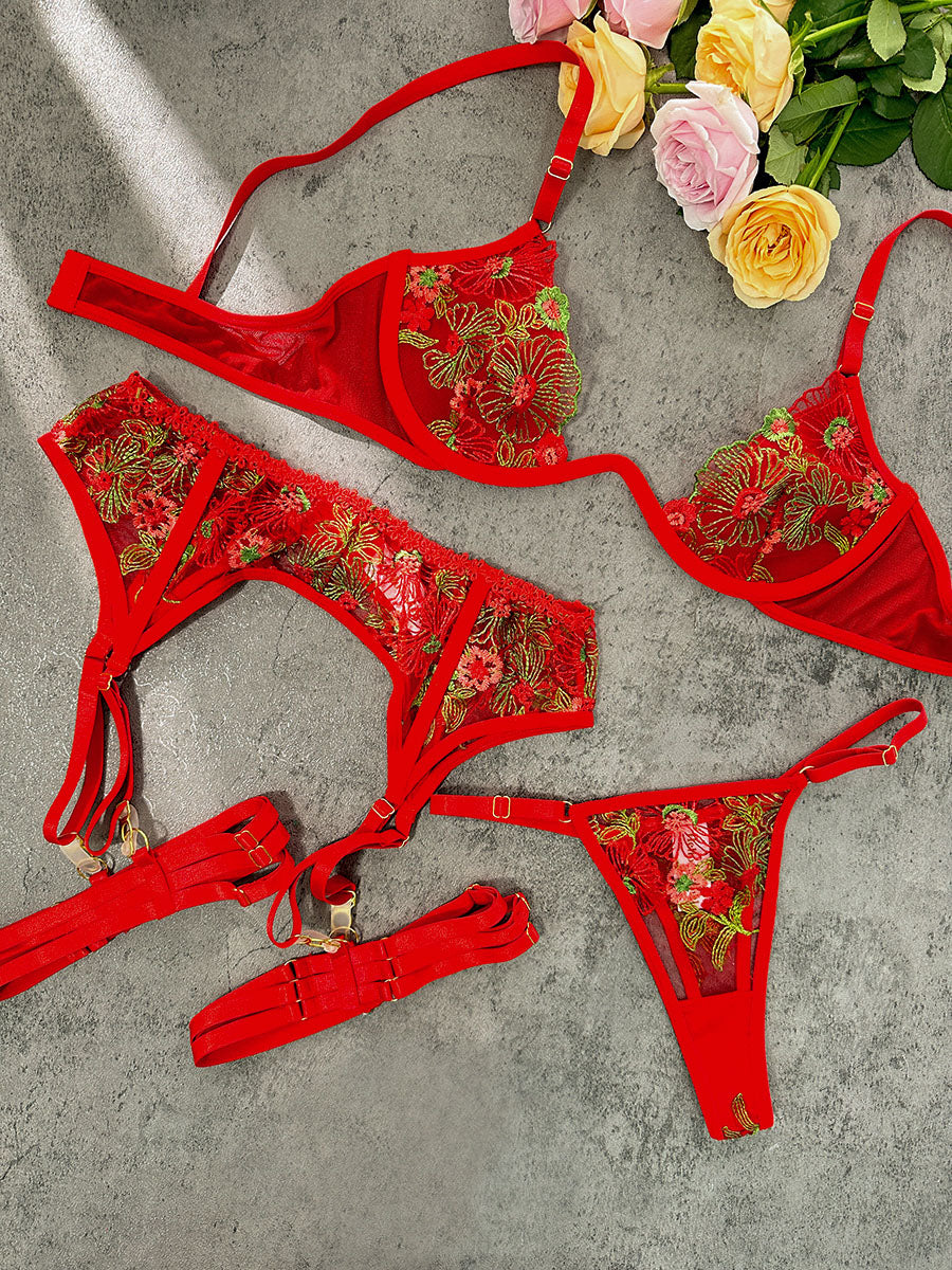 Red Flowers Mesh Sheer Lingerie Set - Concordia Style Boutique