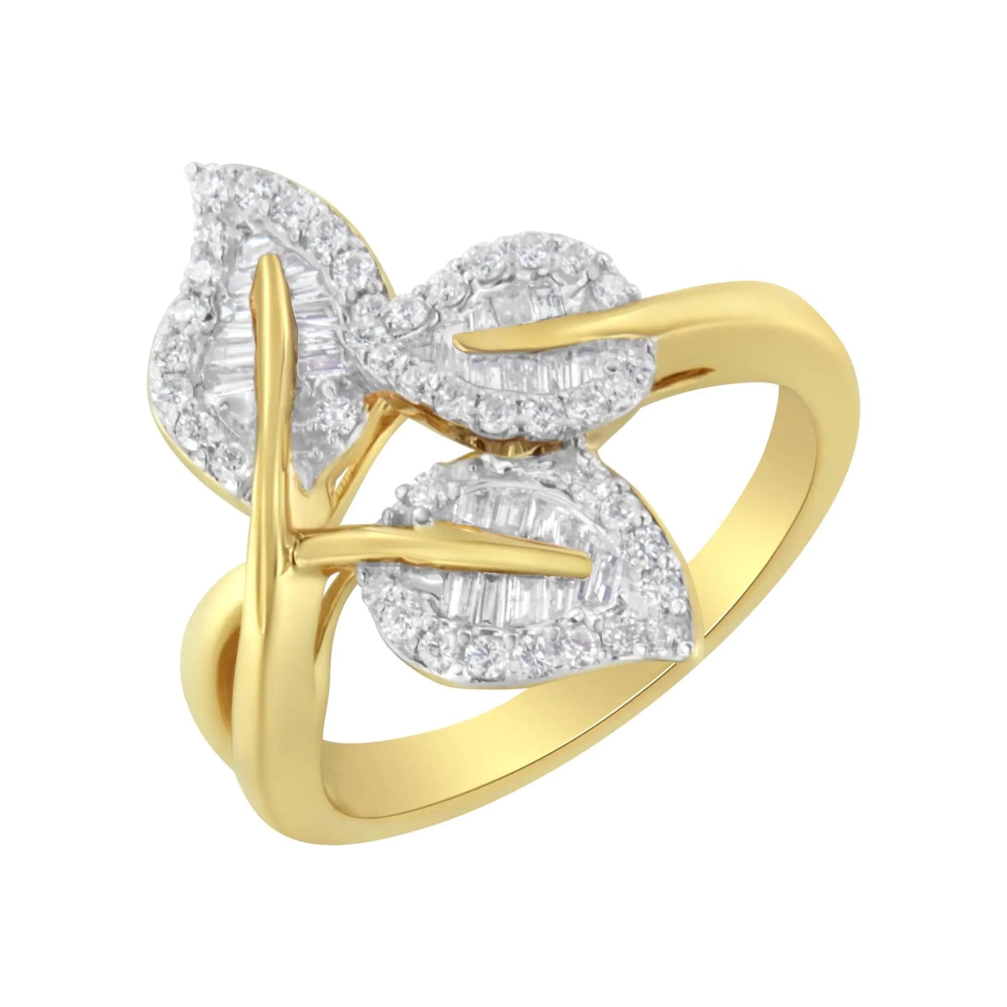*5 Left* 10k Yellow and White Gold 1/2 Cttw Baguette and Round Diamond Bypass Triple Leaf Ring (I-J Color, I1-I2 Clarity) - Concordia Style Boutique