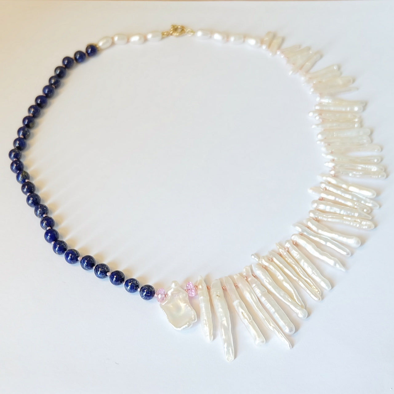 14K Gold Biwa Pearl, Pink Topaz, Lapis Lazuli Necklace