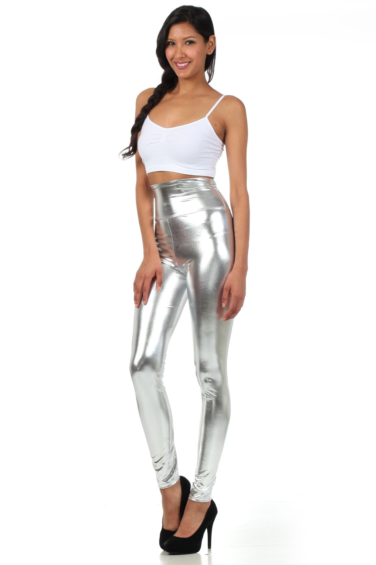 Sakkas Shiny Liquid Metallic High Waist Stretch Leggings - Made in USA - Concordia Style Boutique