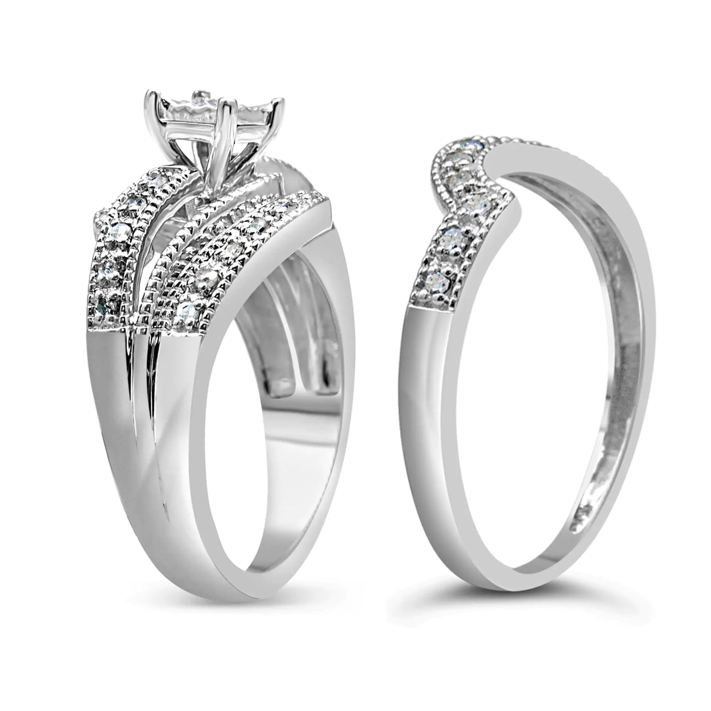 *45 Left* .925 Sterling Silver 1/3 Cttw Round Diamond Crisscross Engagement Ring Bridal Set (H-I Color, I1-I2 Clarity ) - Concordia Style Boutique