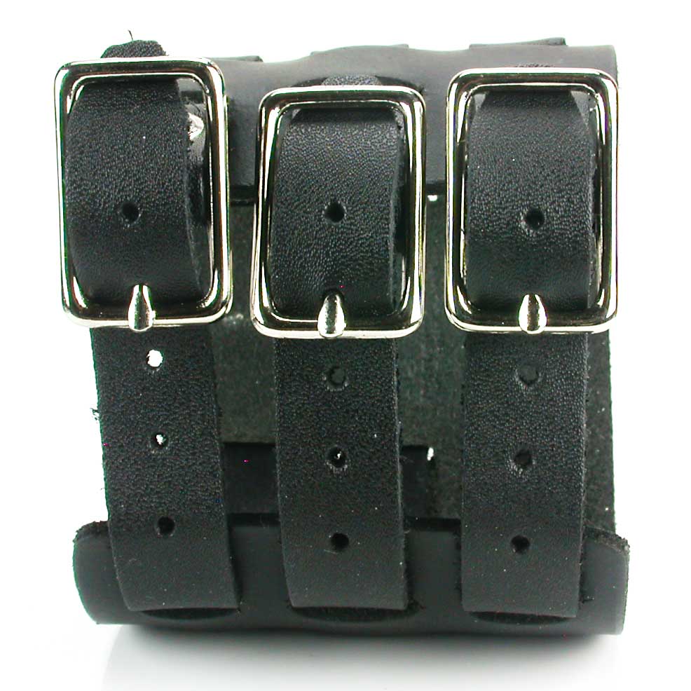 Three Strap Leather Wrist Cuff Watchband - Black