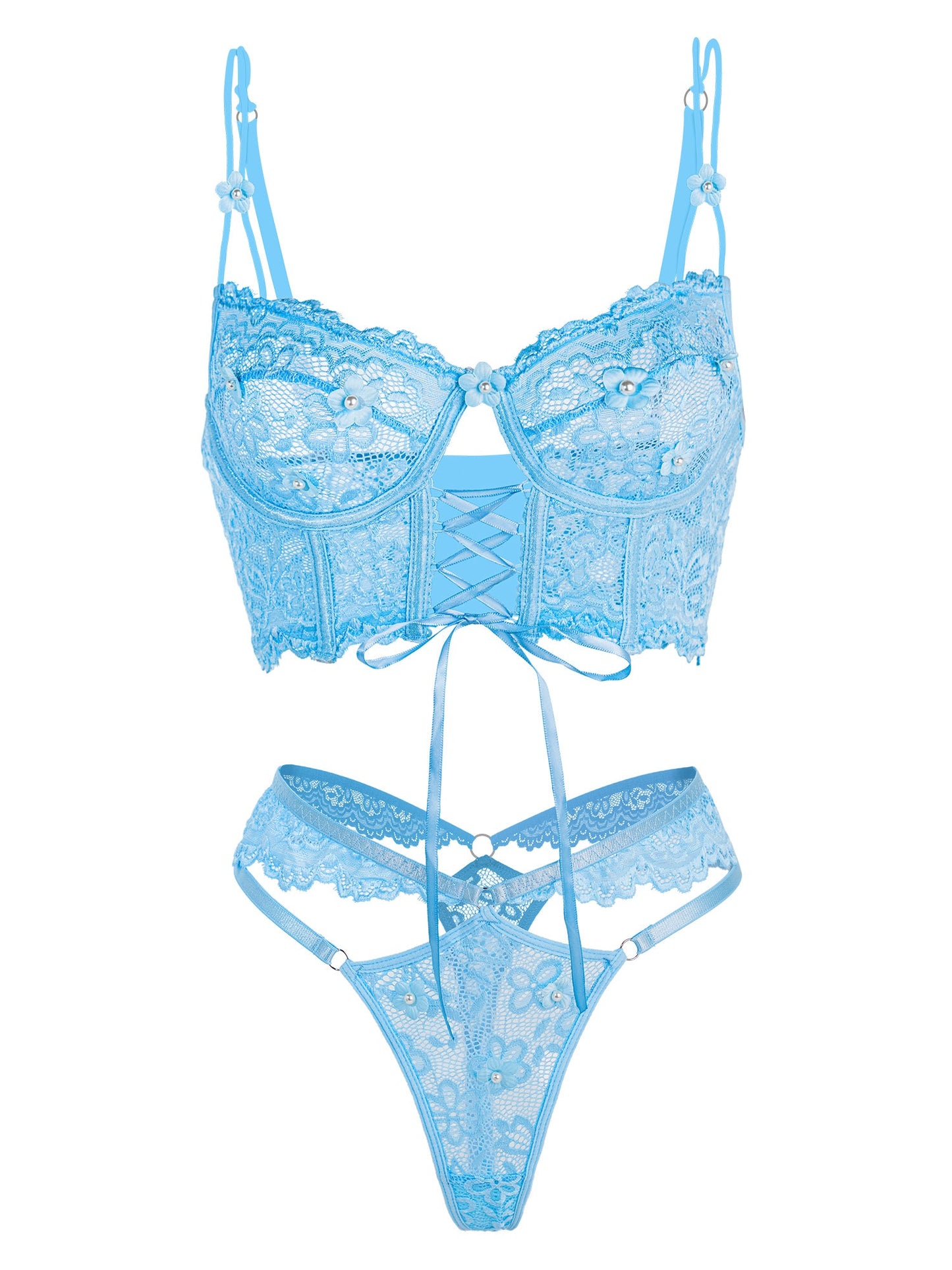 Blue Pearls Small Flower Lace Lingerie Set - Concordia Style Boutique