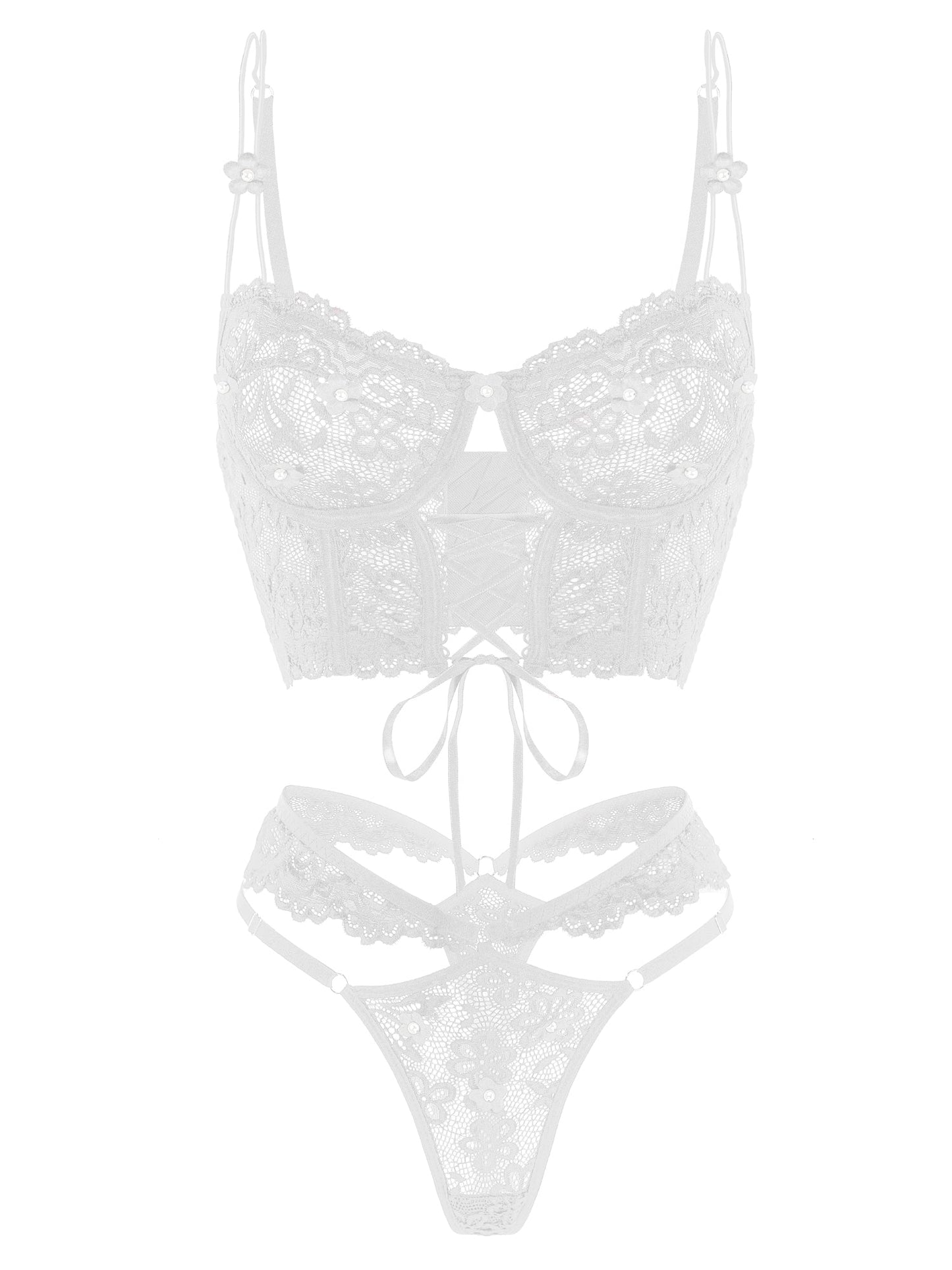 White Pearls Small Flower Lace Lingerie Set - Concordia Style Boutique