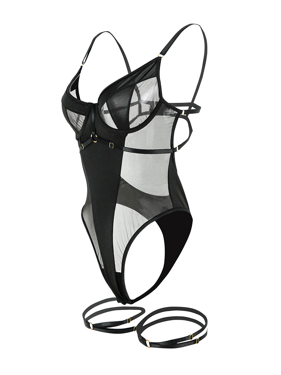 Black Stitching Hollow Halter Neck Sexy Backless Bodysuit - Concordia Style Boutique