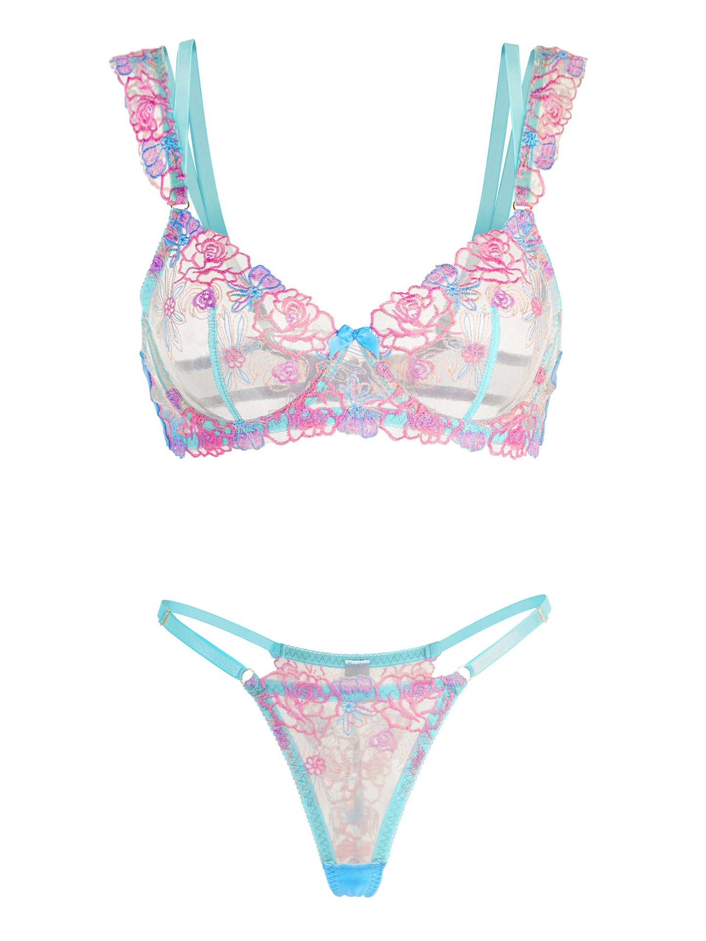 Blue Butterfly Bow Colorful Embroidered Flower Lingerie Set - Concordia Style Boutique
