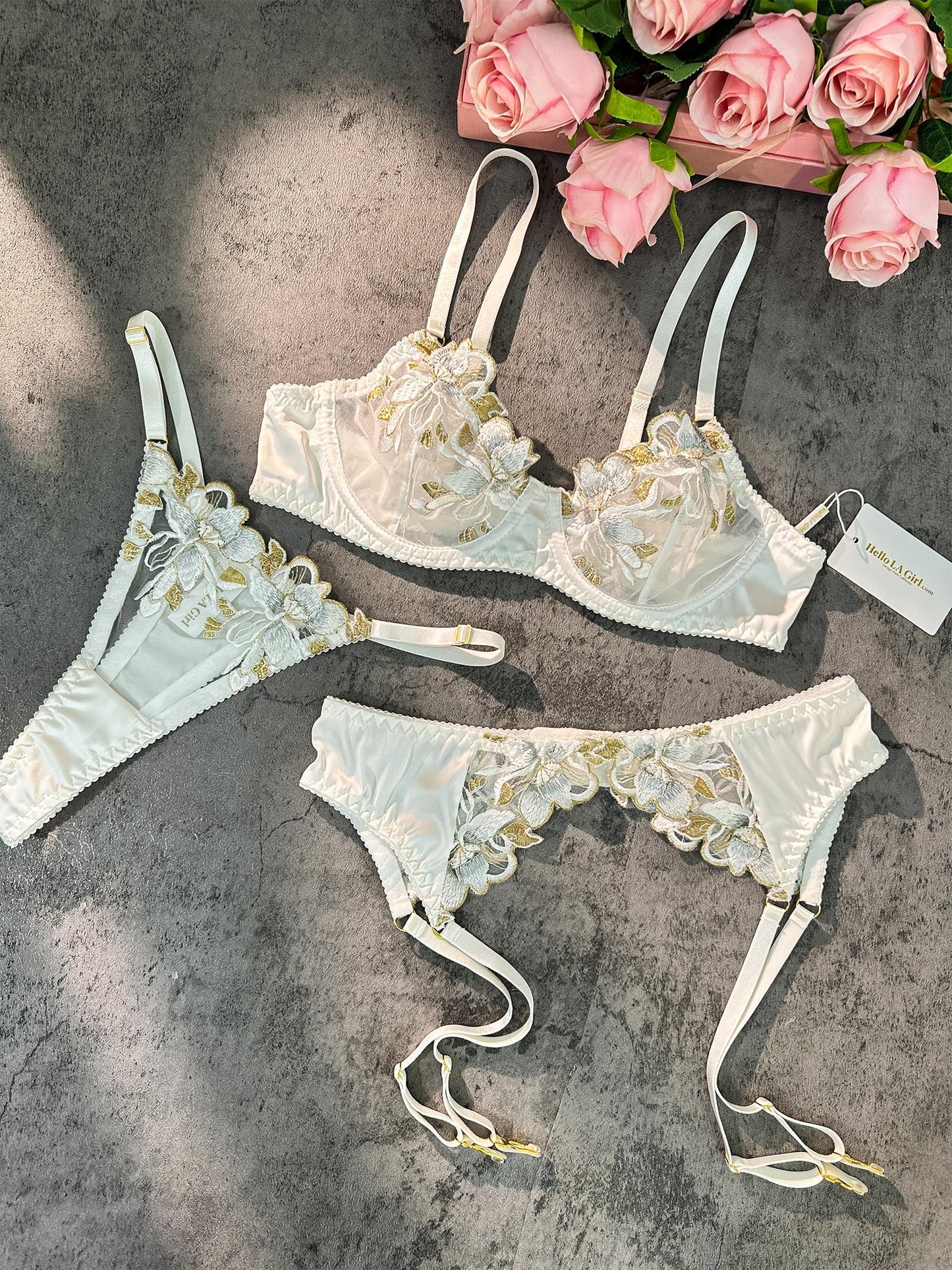 White &Gold Thread Embroidered Lingerie Set - Concordia Style Boutique