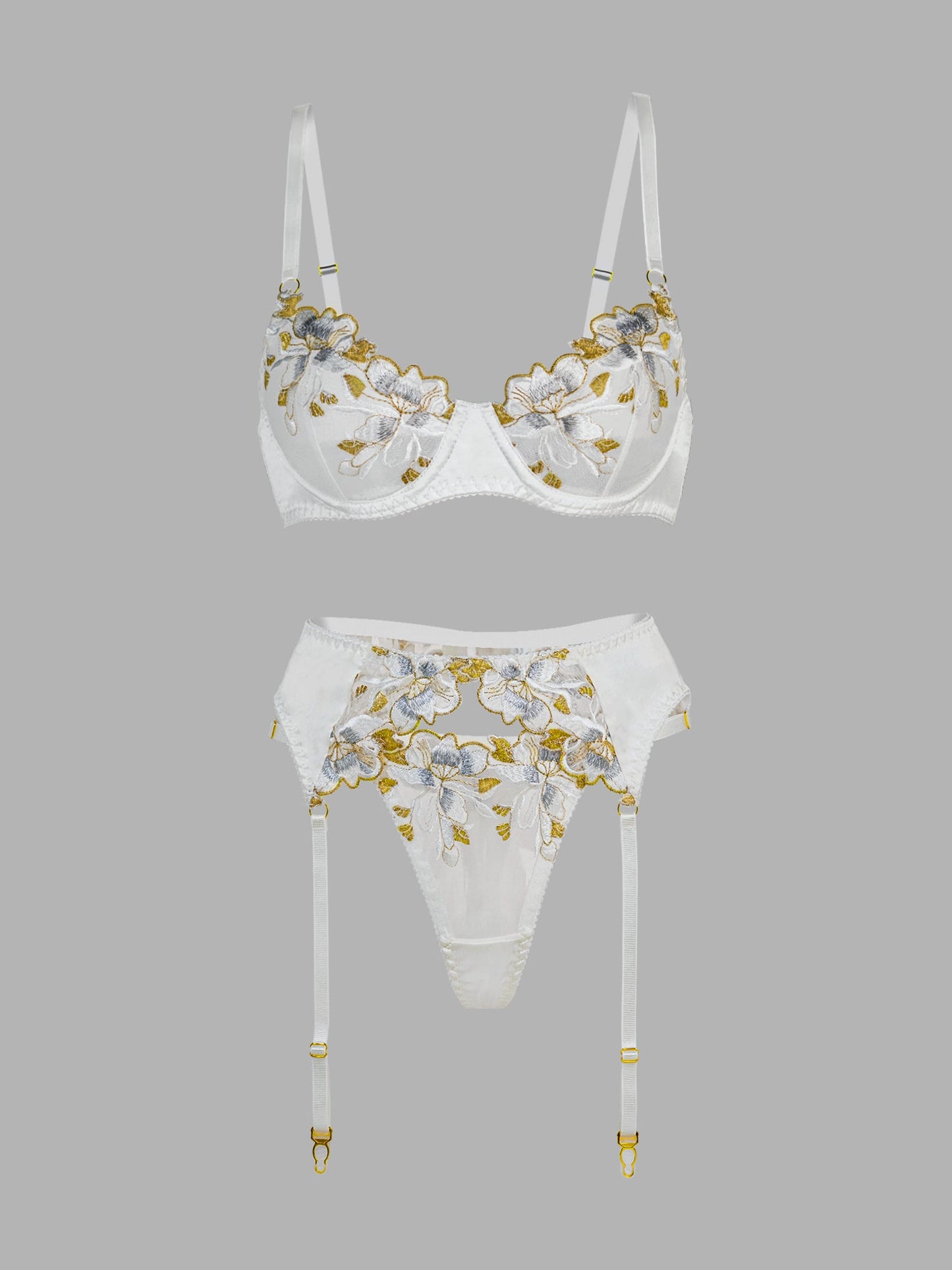 White &Gold Thread Embroidered Lingerie Set - Concordia Style Boutique