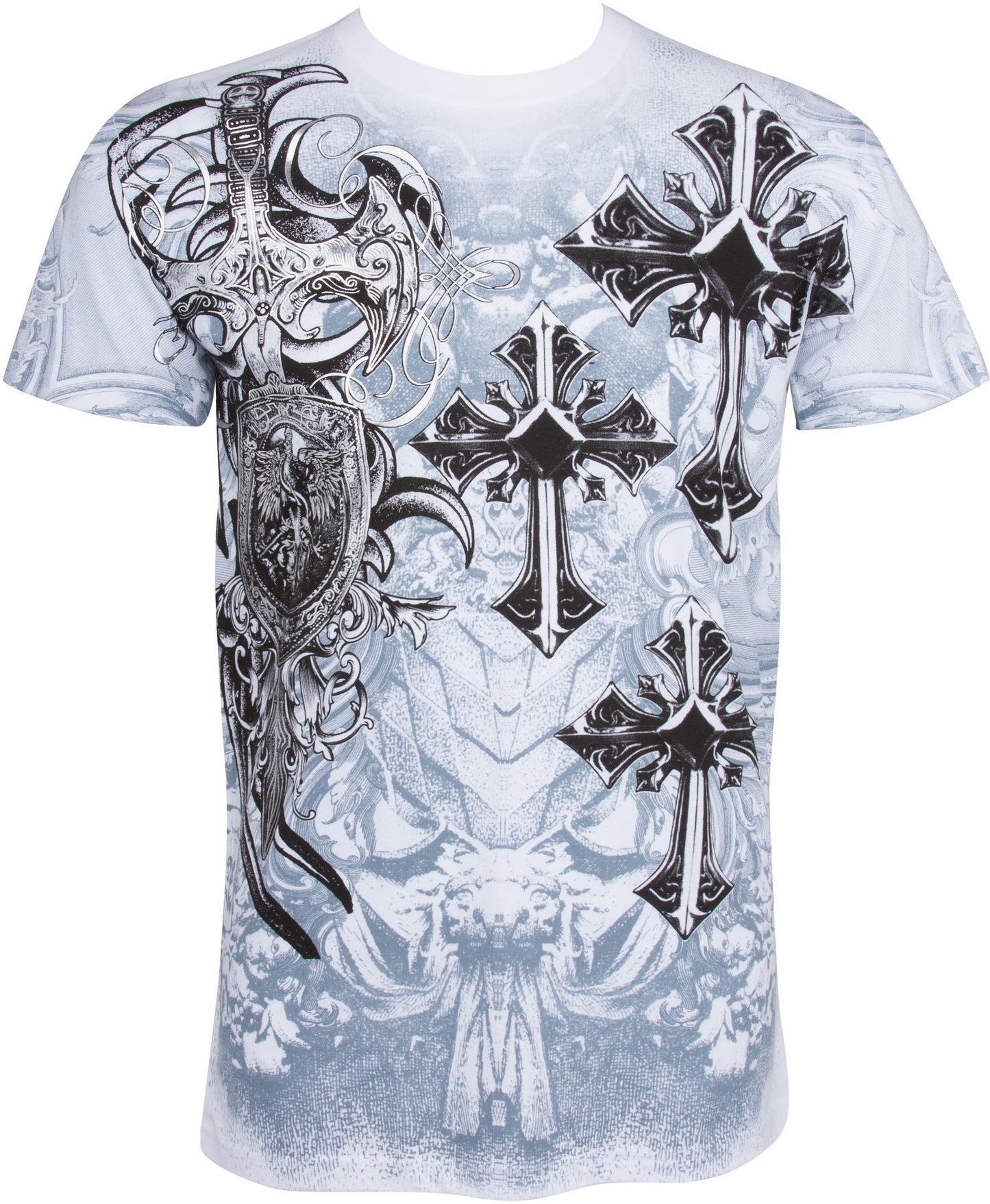 Sakkas Cross, Sword and Shield Metallic Cotton Mens T-Shirt - Concordia Style Boutique