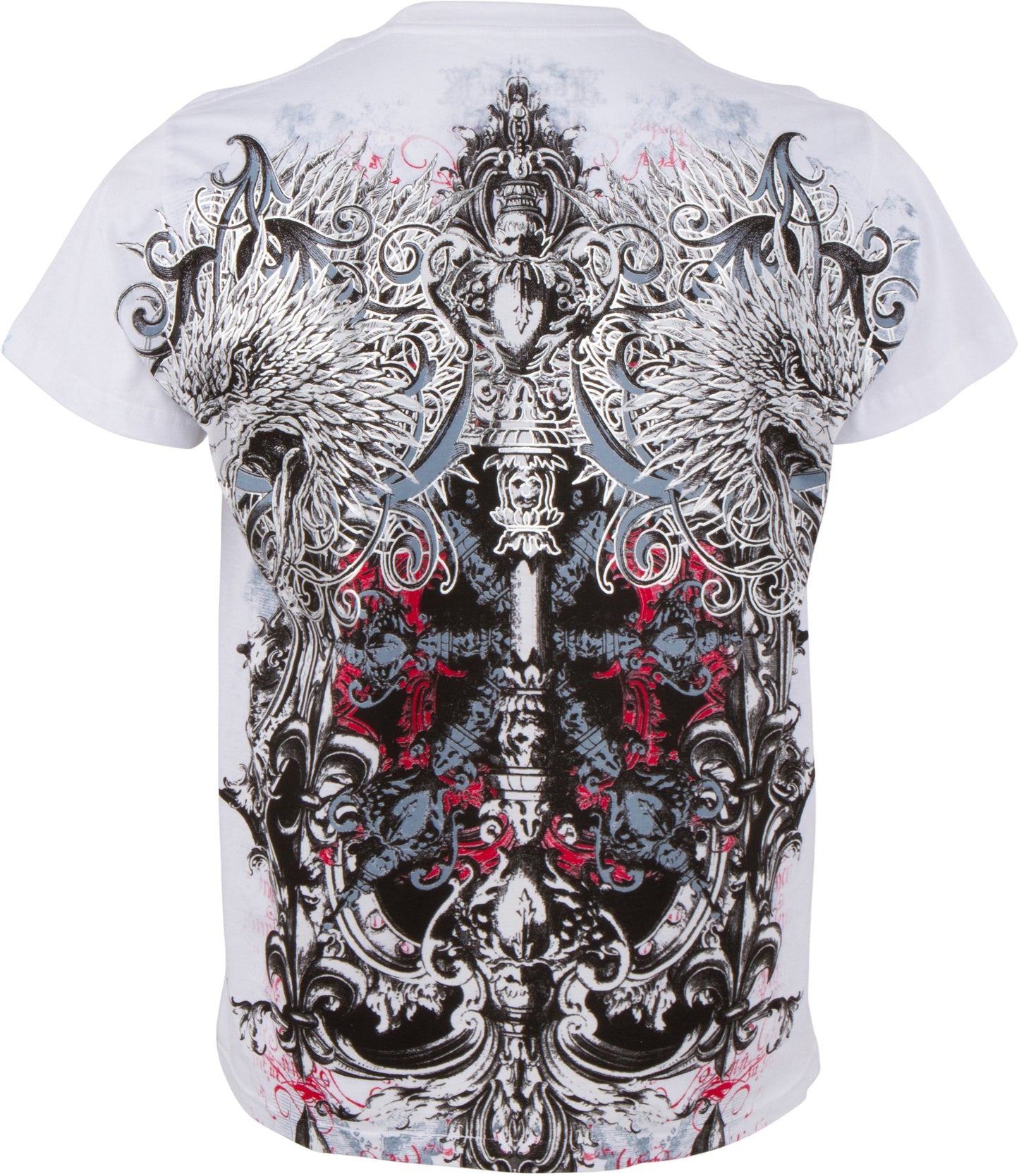 Sakkas Eagle Head and Fleur de Lis Metallic Silver Embossed Cotton Mens T-Shirt - Concordia Style Boutique