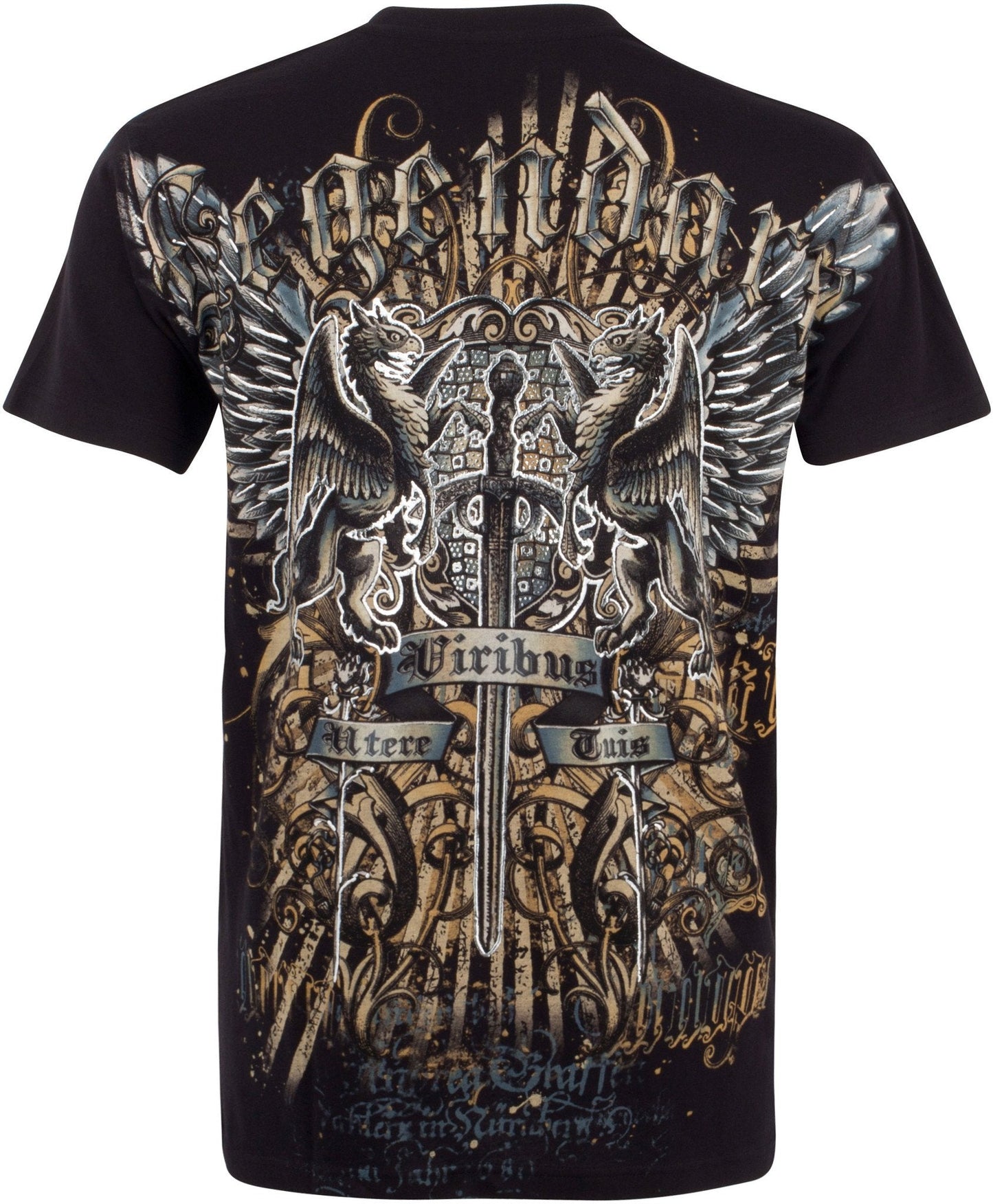 Sakkas Sword and Griffin Metallic Silver Embossed Cotton Mens Fashion T-shirt - Concordia Style Boutique