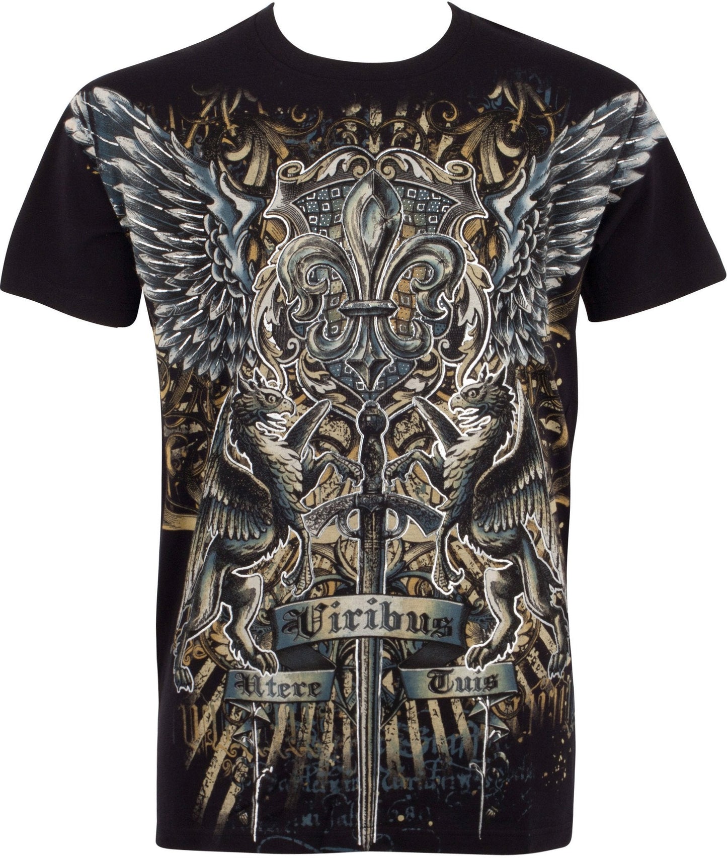 Sakkas Sword and Griffin Metallic Silver Embossed Cotton Mens Fashion T-shirt - Concordia Style Boutique