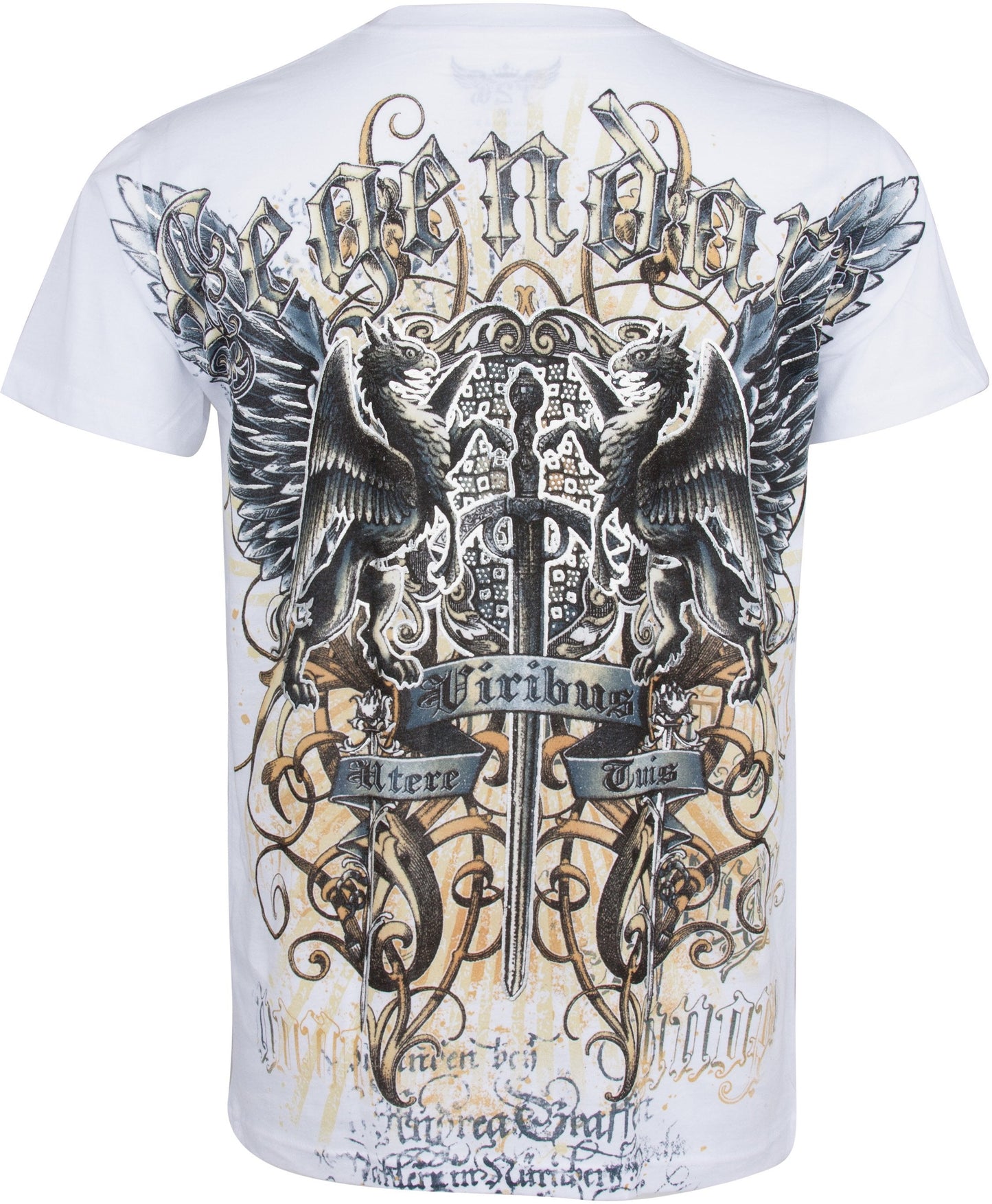 Sakkas Sword and Griffin Metallic Silver Embossed Cotton Mens Fashion T-shirt - Concordia Style Boutique