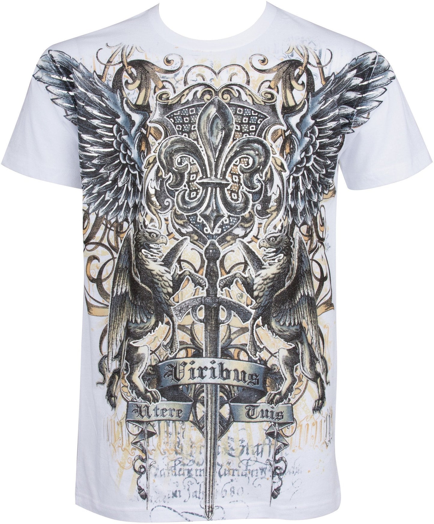 Sakkas Sword and Griffin Metallic Silver Embossed Cotton Mens Fashion T-shirt - Concordia Style Boutique