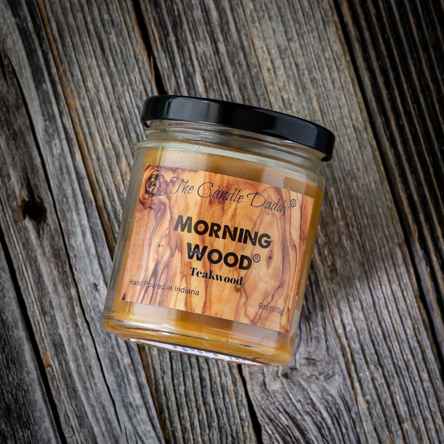Morning Wood - Teak Wood Scent - Funny 6 Ounce - The Candle Daddy