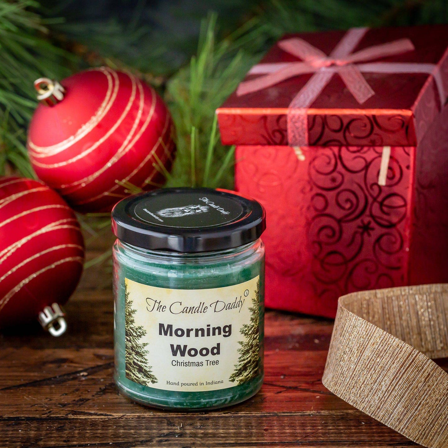 Morning Wood Christmas Holiday Candle - Funny Blue Spruce Pine Tree Scented Candle - Funny Holiday Candle for Christmas, New Years - Long Burn Time, Holiday Fragrance, Hand Poured in USA - 6oz