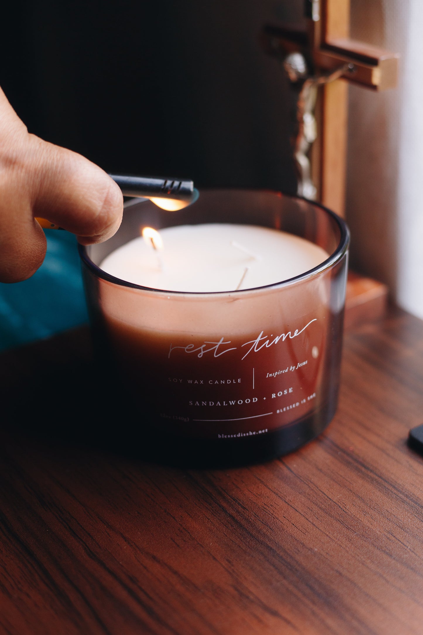 Rest Time Candle – Jesus Inspired Soy Candle – 12 oz Sandalwood & Rose Wood Wick – Clean, Relaxing Burn - Concordia Style Boutique