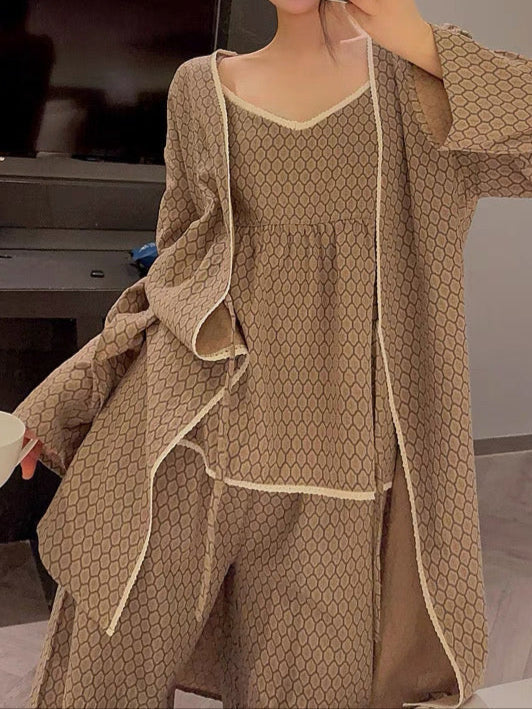 Floral V Tank and Long Pants with Cardigan Cotton Pajama Set / Blue