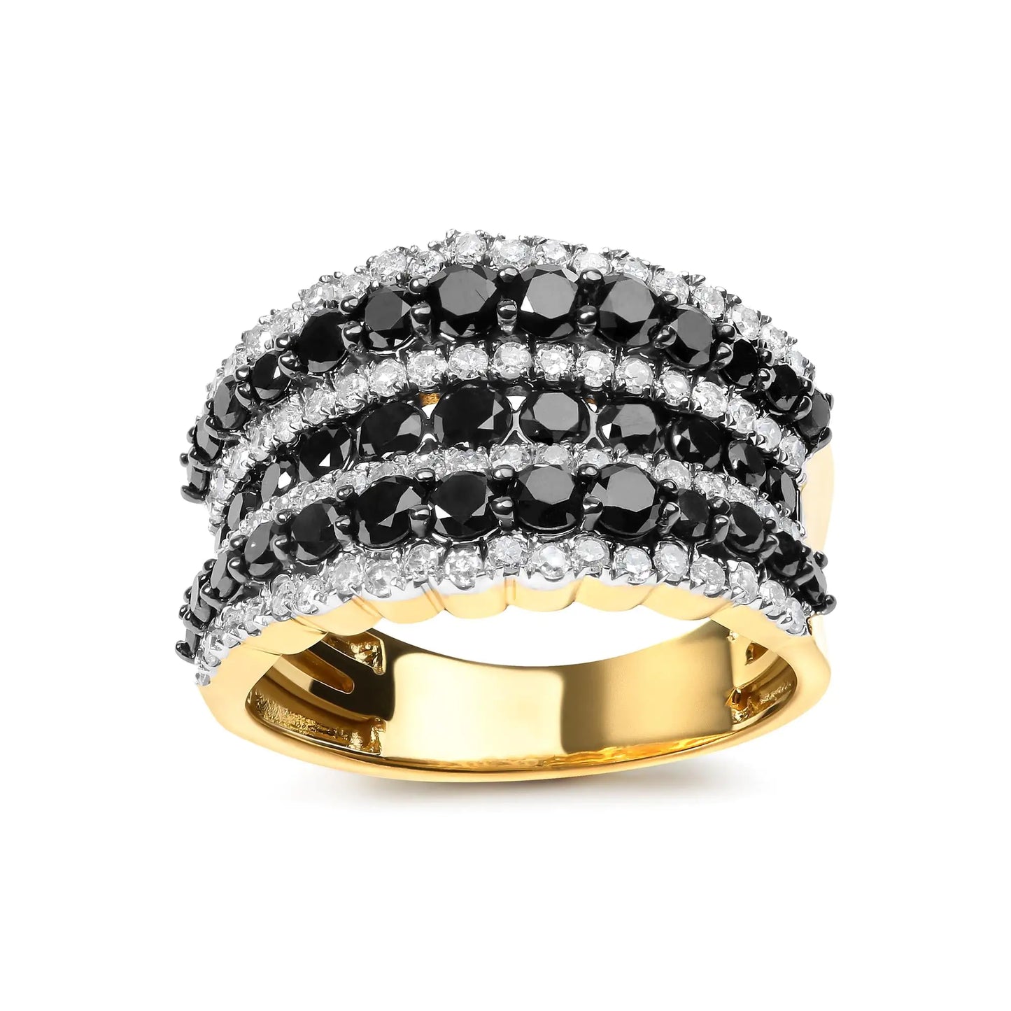 *2 Left* 14K Yellow Gold Plated .925 Sterling Silver 1 3/4 Cttw Treated Black and White Alternating Diamond Multi Row Band Ring (Black / I-J Color, I2-I3 Clarity) - Concordia Style Boutique