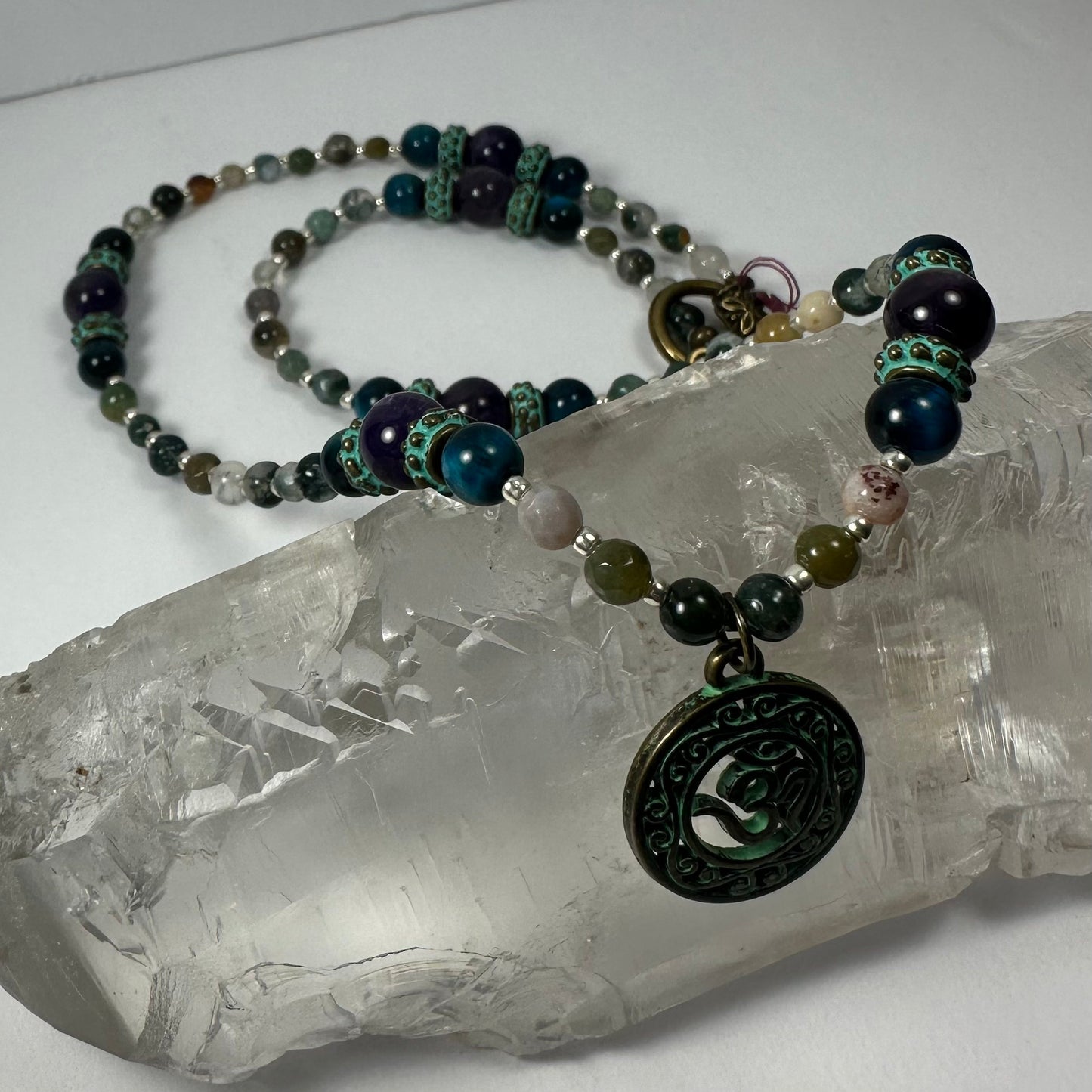 Bronze Patina 'Om' Pendant on Mixed Bead Necklace