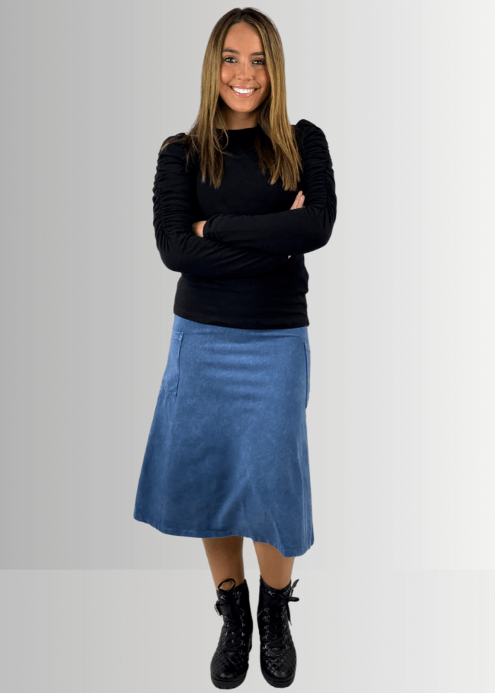Alyssa Very Versatile Cotton Skirt in Dark Grey-Blue Denim - Concordia Style Boutique