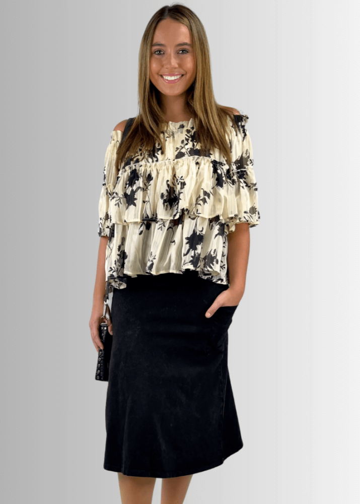 Alyssa Very Versatile Cotton Skirt in Dark Grey-Blue Denim - Concordia Style Boutique