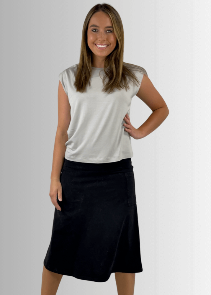 Alyssa Very Versatile Cotton Skirt in Dark Grey-Blue Denim - Concordia Style Boutique