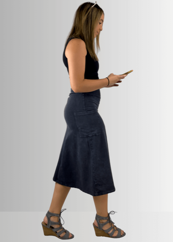 Alyssa Very Versatile Cotton Skirt in Dark Grey-Blue Denim - Concordia Style Boutique