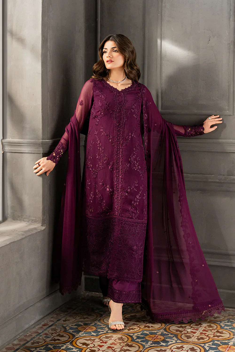 Azure - Rose Noir 3 Piece Embroidered Chiffon