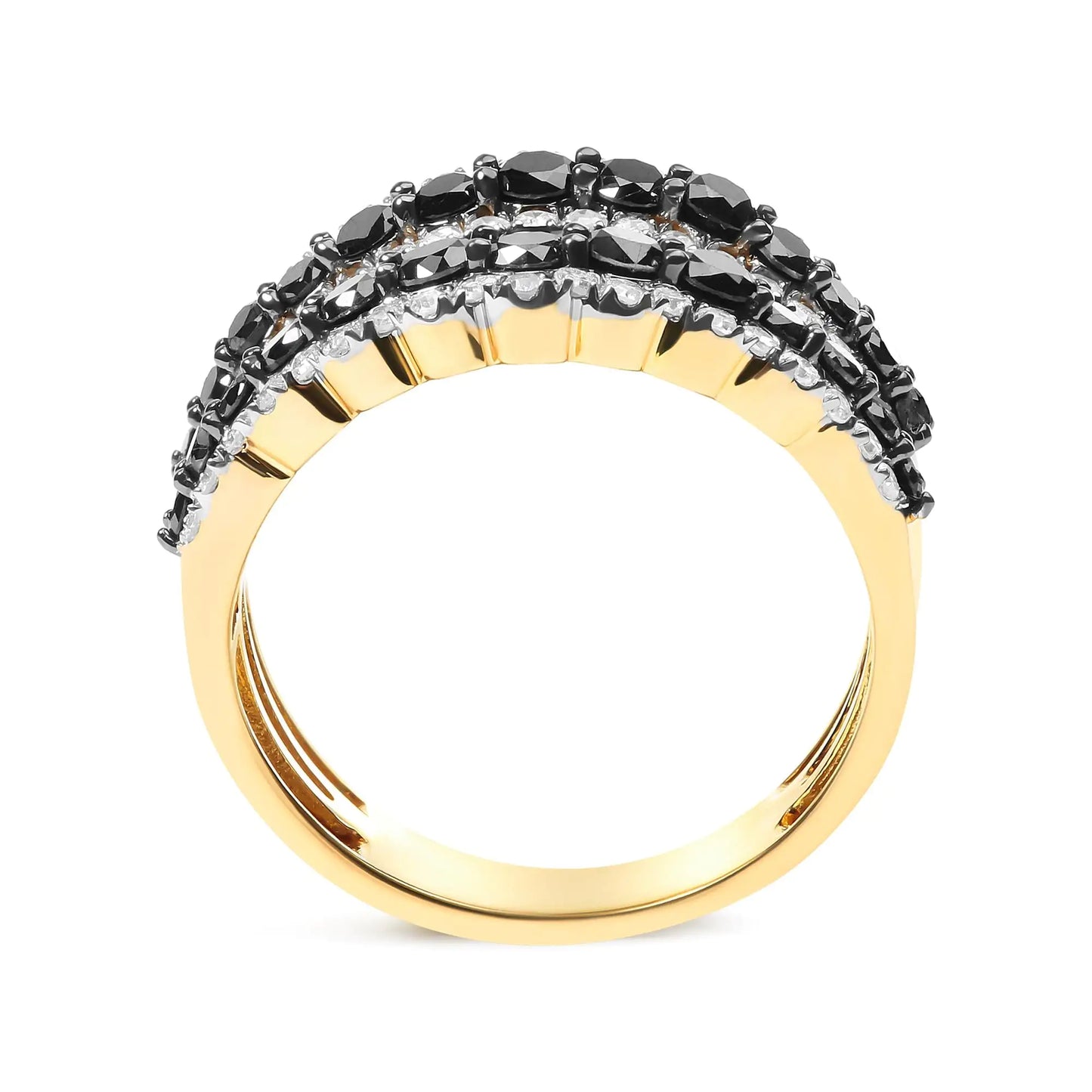 *2 Left* 14K Yellow Gold Plated .925 Sterling Silver 1 3/4 Cttw Treated Black and White Alternating Diamond Multi Row Band Ring (Black / I-J Color, I2-I3 Clarity) - Concordia Style Boutique