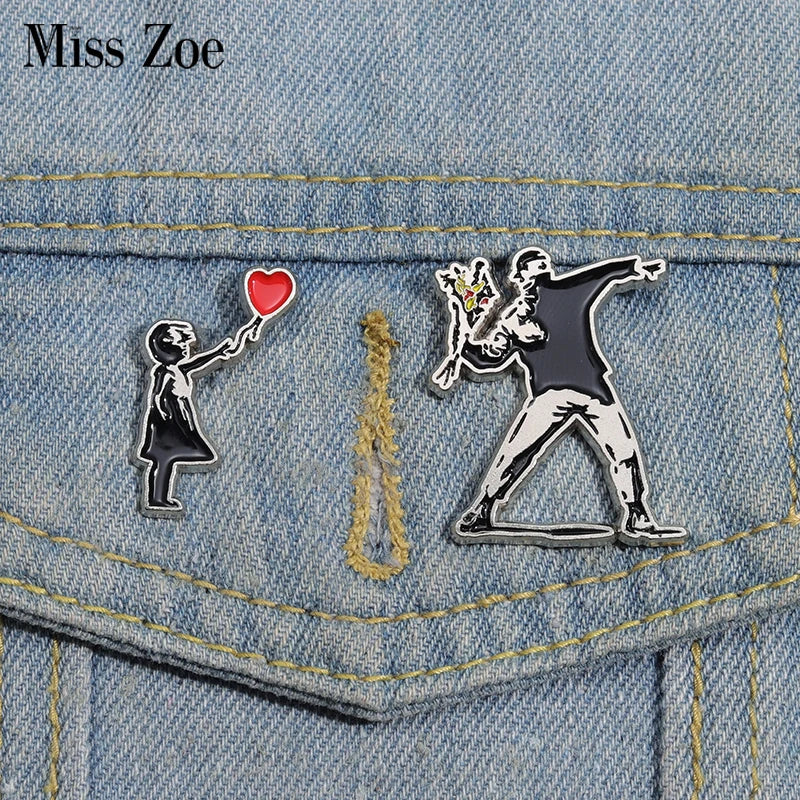 Banksy Enamel Pins Graffiti Skate Punk Brooches Lapel Badges Flower Thrower Art Gift